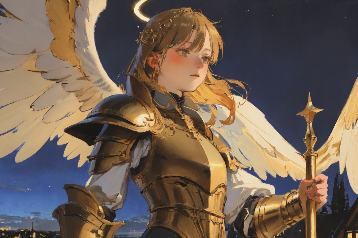 Illustrate an angelic warrior with armor and wings glowing in a radiant shade of red or gold, hovering in the sky. The cha...